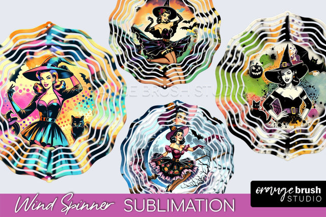Witch Wind Spinner, Retro Halloween Wind Spinner PNG Designs Sublimation OrangeBrushStudio 