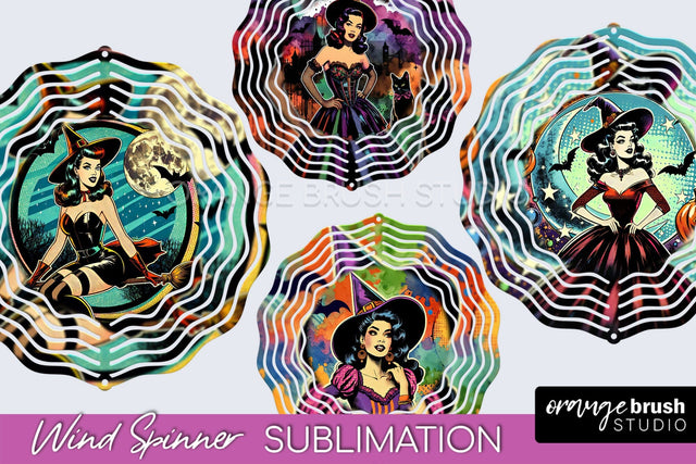 Witch Wind Spinner, Retro Halloween Wind Spinner PNG Designs Sublimation OrangeBrushStudio 