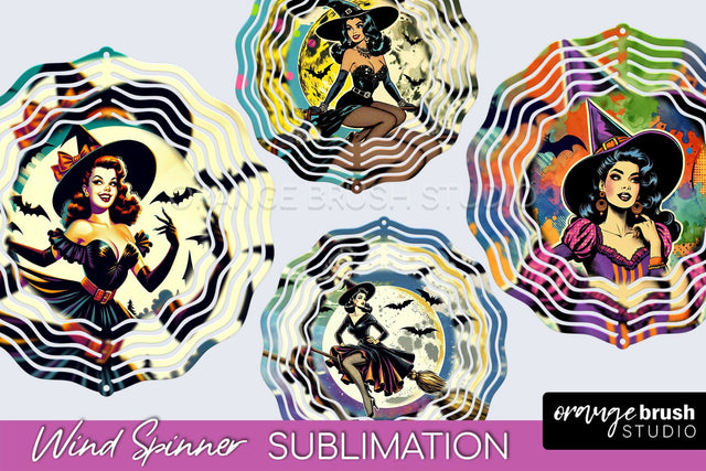 Witch Wind Spinner, Retro Halloween Wind Spinner PNG Designs Sublimation OrangeBrushStudio 