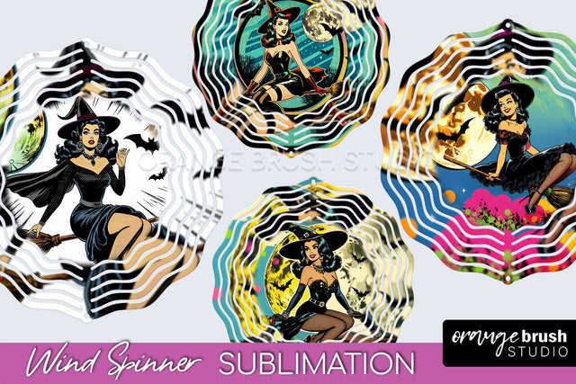 Witch Wind Spinner, Retro Halloween Wind Spinner PNG Designs Sublimation OrangeBrushStudio 