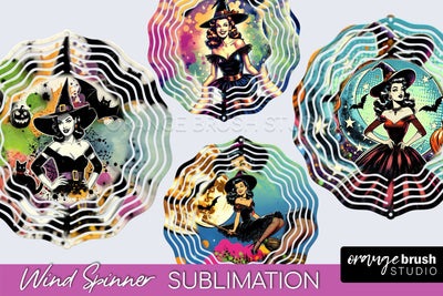 Witch Wind Spinner, Retro Halloween Wind Spinner PNG Designs Sublimation OrangeBrushStudio 