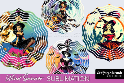 Witch Wind Spinner, Retro Halloween Wind Spinner PNG Designs Sublimation OrangeBrushStudio 