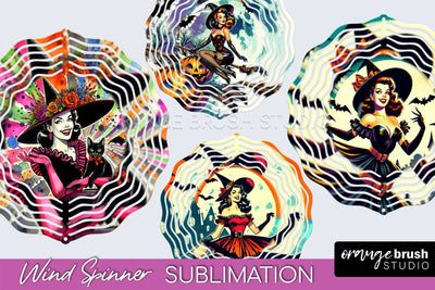 Witch Wind Spinner, Retro Halloween Wind Spinner PNG Designs Sublimation OrangeBrushStudio 