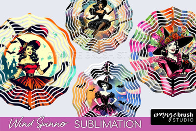 Witch Wind Spinner, Retro Halloween Wind Spinner PNG Designs Sublimation OrangeBrushStudio 
