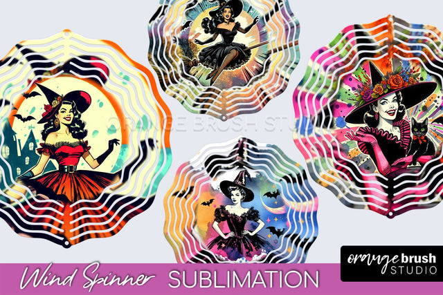 Witch Wind Spinner, Retro Halloween Wind Spinner PNG Designs Sublimation OrangeBrushStudio 