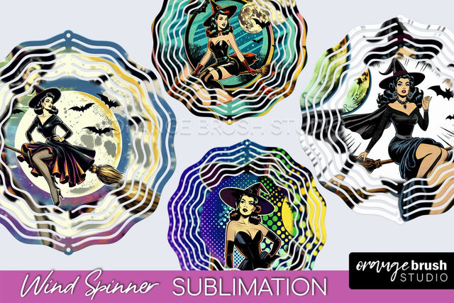 Witch Wind Spinner, Retro Halloween Wind Spinner PNG Designs Sublimation OrangeBrushStudio 