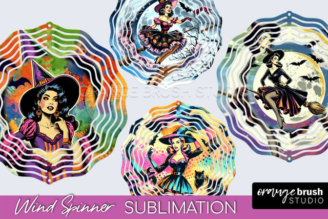 Witch Wind Spinner, Retro Halloween Wind Spinner PNG Designs Sublimation OrangeBrushStudio 