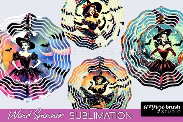 Witch Wind Spinner, Retro Halloween Wind Spinner PNG Designs Sublimation OrangeBrushStudio 