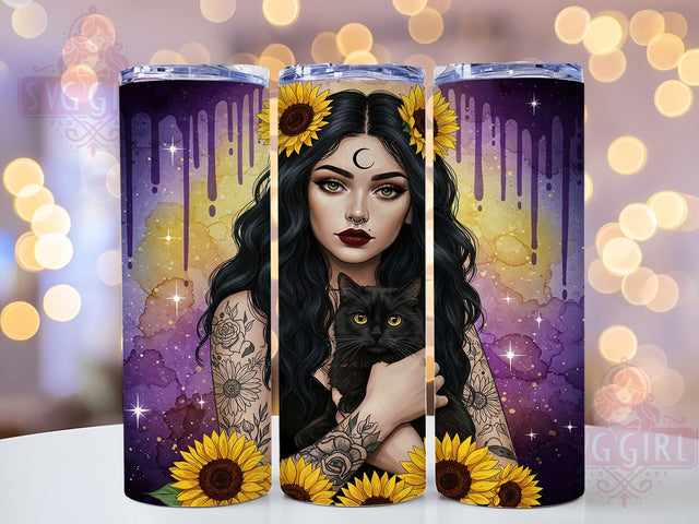 Witchy Black Cat Celestial Tumbler, Celestial Sunflower Cup, Black Cat Moon Wrap, Mystical Cat Sublimation, Gothic Cat Lover Gift, Sun Moon Stars Tumbler, Astrology Cat Design Sublimation SvggirlplusArt 