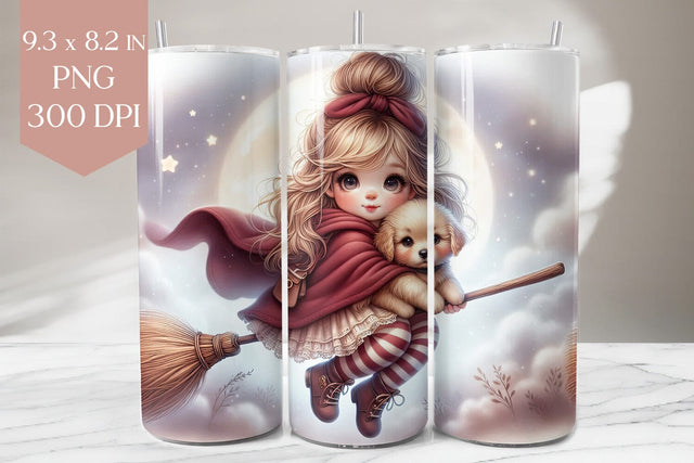 Witchy Girl & Puppy Flying Tumbler Wrap PNG Sublimation BijouBay 