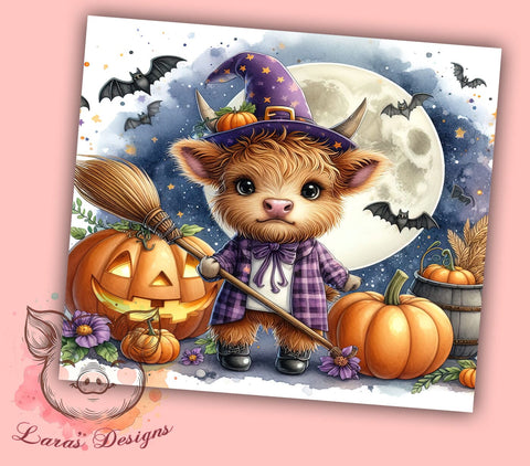 Witchy Halloween Highland Cow 20 oz Skinny Tumbler Sublimation Design, Straight & Tapered Tumbler Png, Baby Highland Cow Tumbler Png, Digital Download PNG Sublimation Lara' s Designs 
