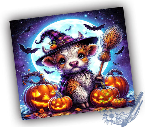 Witchy Halloween Highland Cow 20oz Skinny Tumbler PNG, Highland Cow Tumbler Sublimation Wrap, Straight & Tapered Tumbler Wrap, Instant Digital Download Sublimation ToriDesigns 