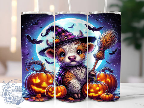 Witchy Halloween Highland Cow 20oz Skinny Tumbler PNG, Highland Cow Tumbler Sublimation Wrap, Straight & Tapered Tumbler Wrap, Instant Digital Download Sublimation ToriDesigns 
