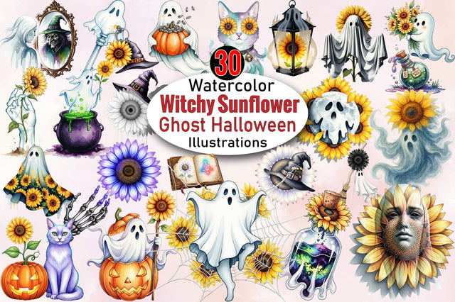 Witchy Sunflower Ghost Halloween Clipart Bundle. Sublimation SVGArt 