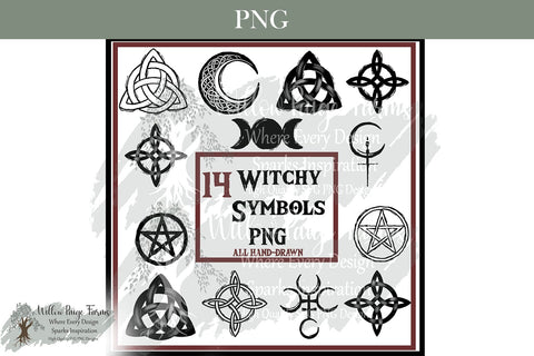 Witchy Symbols PNG Bundle 14 Mystic Designs Hand-drawn Wiccan Design | Crescent Moon Celtic | Lilith Symbol | Pentagram | Triquetra | Moon Sublimation Willow Paige Farms 