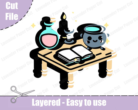 Witchy Table Layered SVG, Cauldron and Spell book SVG, Potions, Halloween SVG, Kawaii Spooky Season, Cut file for Cricut and Silhouette SVG Lavender Paper Cut 