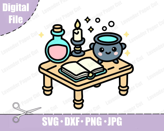Witchy Table Layered SVG, Cauldron and Spell book SVG, Potions, Halloween SVG, Kawaii Spooky Season, Cut file for Cricut and Silhouette SVG Lavender Paper Cut 