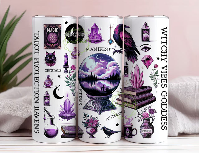 Witchy Vibes 20 oz Skinny Tumbler Sublimation Design,Digital Download, Instant Digital,Crystals png, Witch png,Zodiac png Tumbler,Tarot png Sublimation PixelChick 