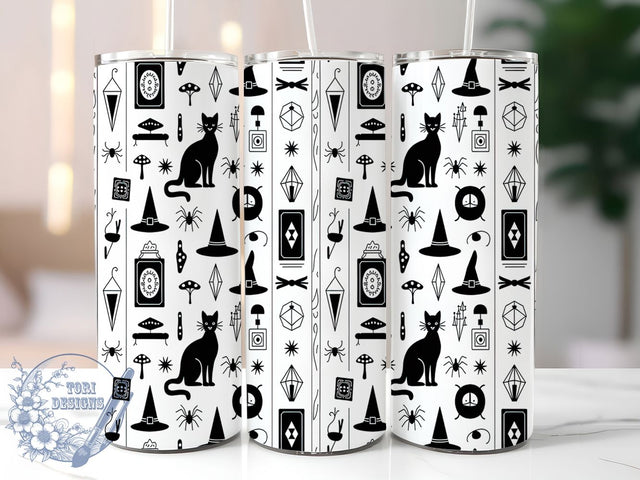 Witchy Vibes Black & White Tumbler, Black And White Tumbler, Witch Tumbler Wrap, 20oz Sublimation, Monochrome Witch Cup, Gothic Tumbler Design, Spooky Drinkware Sublimation ToriDesigns 
