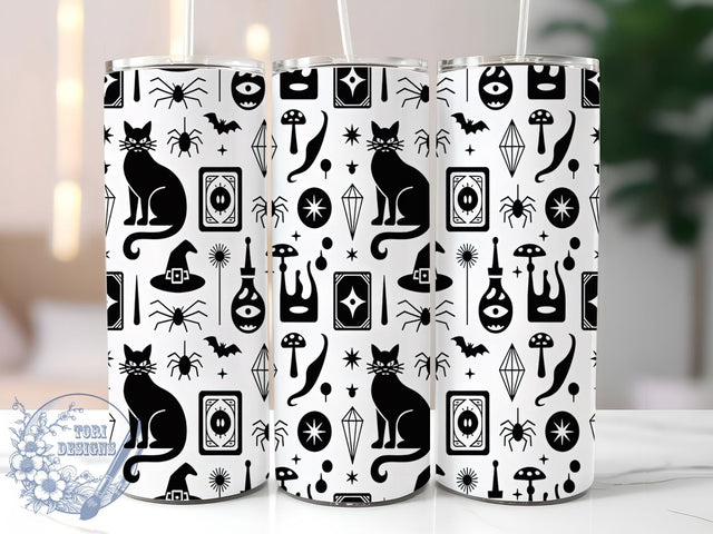 Witchy Vibes Black & White Tumbler, Black And White Tumbler, Witch Tumbler Wrap, 20oz Sublimation, Monochrome Witch Cup, Gothic Tumbler Design, Spooky Drinkware Sublimation ToriDesigns 
