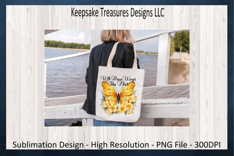 With Brave Wings She Flies, Yellow Butterfly, Inspirational, Sublimation PNG Design, Digital Download Sublimation Keepsake Treasures Designs LLC. 