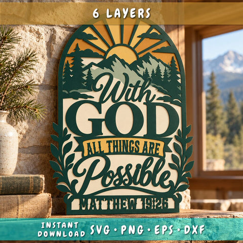 With God All Things Are Possible 3D Multilayer SVG | Christian Layered SVG | Bible Verse Laser Cut File | Matthew 19:26 | 6 Layer Faith Art 3D Paper HappyDesignStudio 
