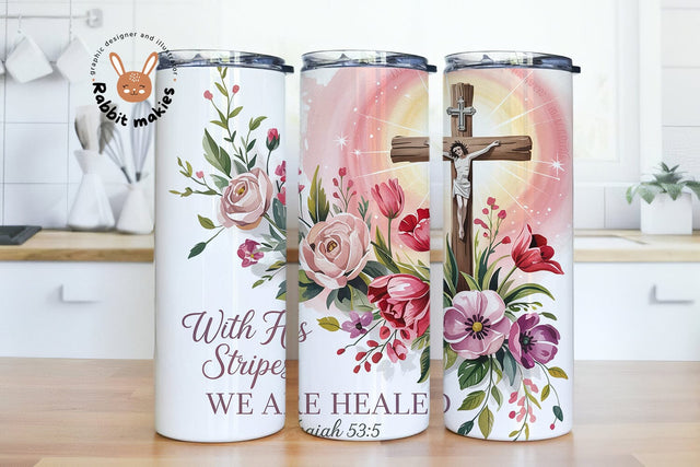 With His Stripes We Are Healed | 20 oz Skinny Tumbler Wrap Design | Isaiah 53:5 Christian Cross Art Sublimation Wrap | Instant Download Sublimation Rabbitmakies 