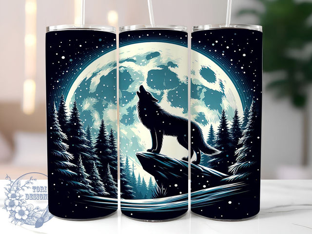 Wolf and Full Moon 20oz Skinny Tumbler PNG, Howling Wolf Tumbler Sublimation Wrap, Straight & Tapered Tumbler Wrap, Instant Digital Download Sublimation ToriDesigns 