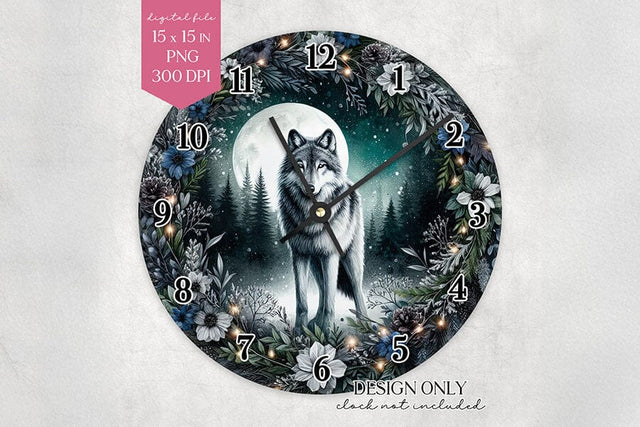 Wolf Clock Face PNG – Moonlit Forest Animal Wall Clock Sublimation BijouBay 