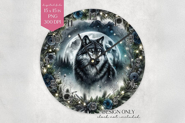 Wolf Clock Face PNG – Mystical Forest Animal Sublimation BijouBay 