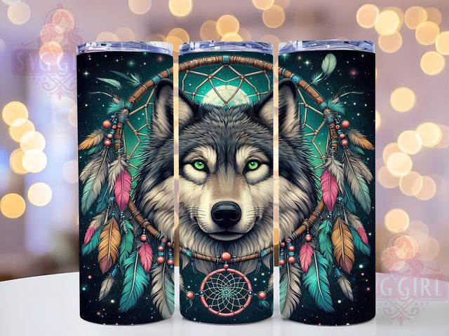Wolf Dream Catcher 20oz Tumbler, Native American Wrap, 20oz Sublimation Wrap, Spiritual Wolf Cup, Mystic Animal Design, Boho Dreamcatcher Art, Night Sky Wolf Tumbler Sublimation SvggirlplusArt 
