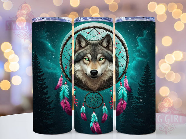 Wolf Dream Catcher 20oz Tumbler, Native American Wrap, 20oz Sublimation Wrap, Spiritual Wolf Cup, Mystic Animal Design, Boho Dreamcatcher Art, Night Sky Wolf Tumbler Sublimation SvggirlplusArt 