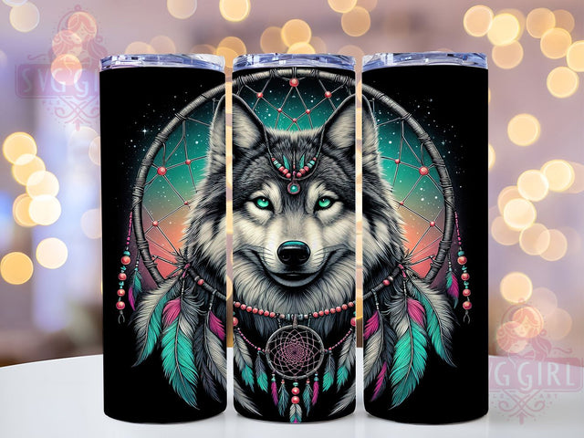 Wolf Dream Catcher 20oz Tumbler, Native American Wrap, 20oz Sublimation Wrap, Spiritual Wolf Cup, Mystic Animal Design, Boho Dreamcatcher Art, Night Sky Wolf Tumbler Sublimation SvggirlplusArt 