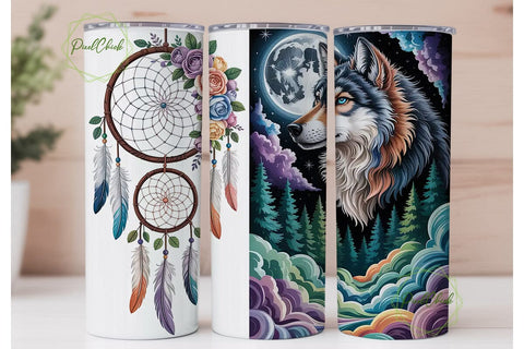 Wolf Dreamcatcher Floral Tumbler Wrap Sublimation PixelChick 