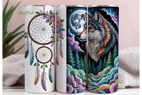Wolf Dreamcatcher Floral Tumbler Wrap Sublimation PixelChick 