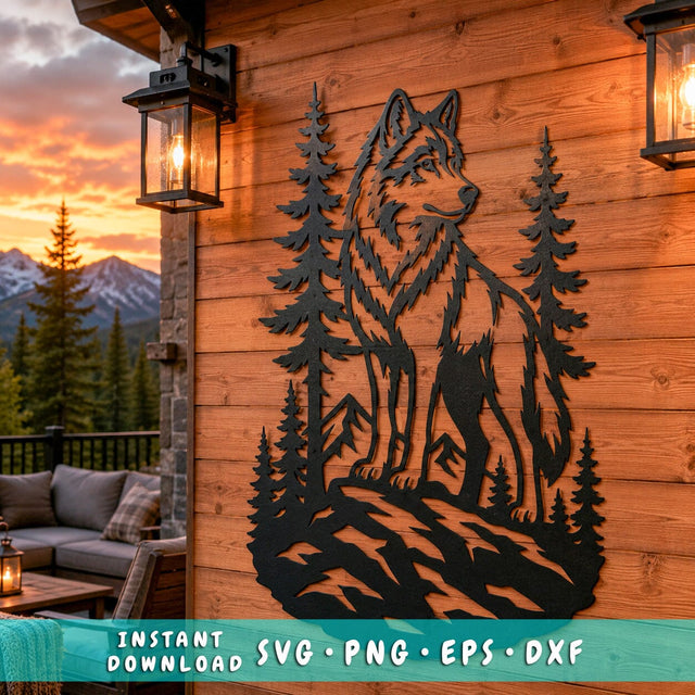 Wolf Forest Metal Wall Art SVG | Laser Cut Wolf DXF File | CNC Plasma Cutting Design | Rustic Cabin Decor Svg | Wildlife Metal Art Template SVG HappyDesignStudio 