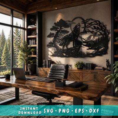 Wolf Howling Moon Laser SVG | Wolf Mountain Scene DXF | Laser Cut File | CNC Plasma Cut Metal Wall Art | Wildlife Svg | Glowforge Svg SVG HappyDesignStudio 