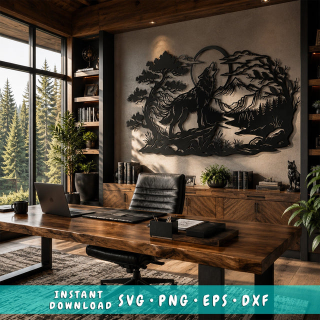 Wolf Howling Moon Laser SVG | Wolf Mountain Scene DXF | Laser Cut File | CNC Plasma Cut Metal Wall Art | Wildlife Svg | Glowforge Svg SVG HappyDesignStudio 