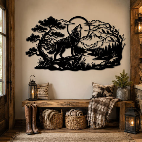 Wolf Howling Moon Laser SVG | Wolf Mountain Scene DXF | Laser Cut File | CNC Plasma Cut Metal Wall Art | Wildlife Svg | Glowforge Svg SVG HappyDesignStudio 