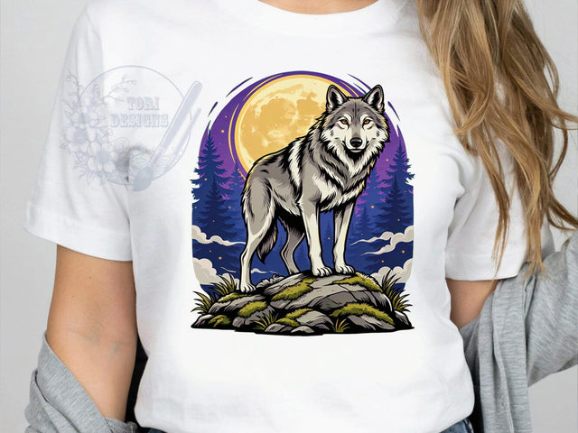 Wolf Moon Spirit T-Shirt PNG, Gray Wolf, Majestic Animal, Nature Scene, Sublimation PNG, Outdoor Adventure, Wilderness Spirit Sublimation ToriDesigns 