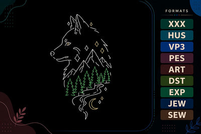 Wolf Mountain Forest Wildlife Nature Line Art Embroidery Design Embroidery/Applique DESIGNS sg embroidery 