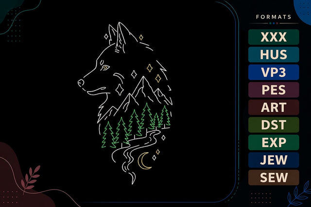 Wolf Mountain Forest Wildlife Nature Line Art Embroidery Design Embroidery/Applique DESIGNS sg embroidery 