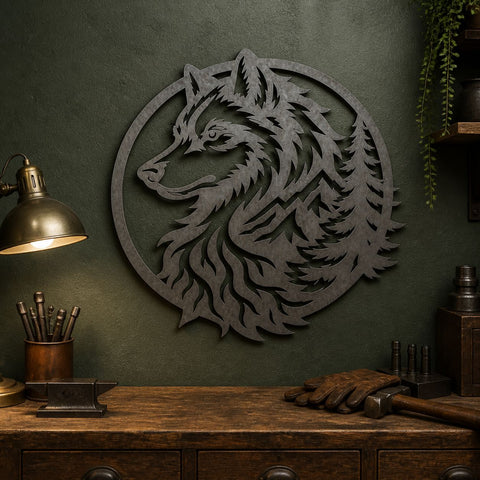 Wolf Mountain Laser SVG | Wolf Metal Art DXF | Wildlife CNC Cut File | Rustic Cabin Wall Decor | Plasma Cutting Design SVG HappyDesignStudio 