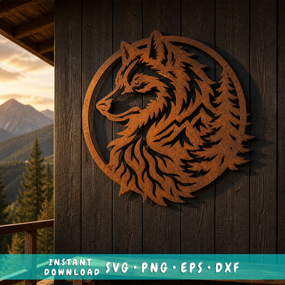 Wolf Mountain Laser SVG | Wolf Metal Art DXF | Wildlife CNC Cut File | Rustic Cabin Wall Decor | Plasma Cutting Design SVG HappyDesignStudio 