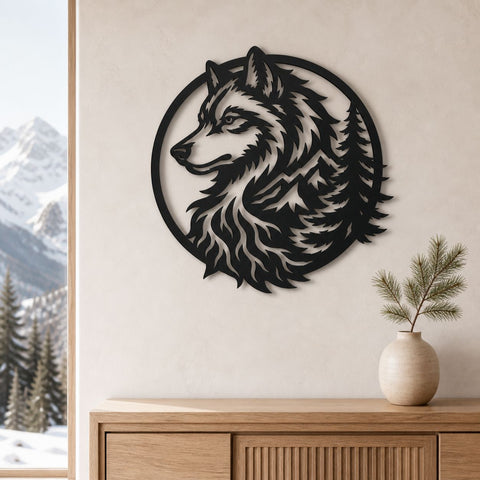 Wolf Mountain Laser SVG | Wolf Metal Art DXF | Wildlife CNC Cut File | Rustic Cabin Wall Decor | Plasma Cutting Design SVG HappyDesignStudio 