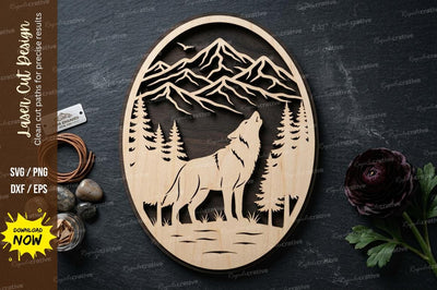 Wolf Mountain Scene laser Cut svg Cutting file ,Wolf mountain svg, wolf landscape frame svg, SVG Regulrcrative 