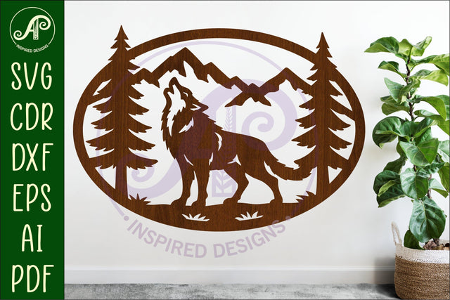 Wolf mountain scene Oval wall sign laser cut file SVG APInspireddesigns 