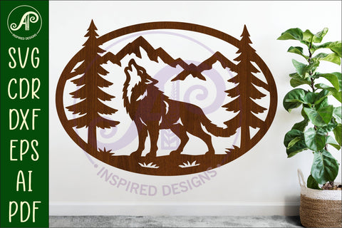 Wolf mountain scene Oval wall sign laser cut file SVG APInspireddesigns 