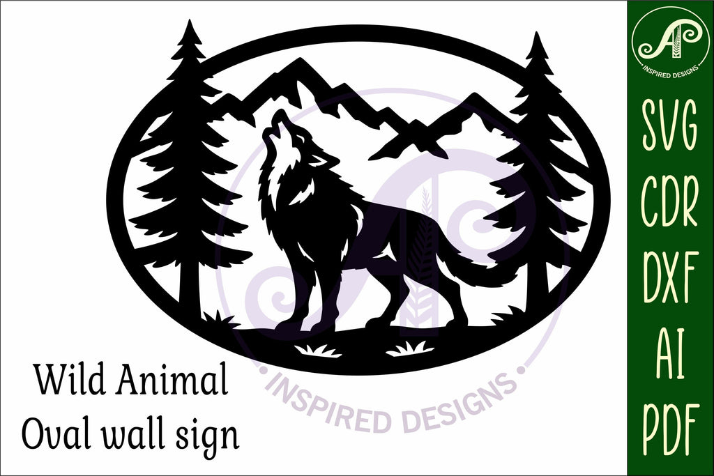 Wolf mountain scene Oval wall sign laser cut file - So Fontsy