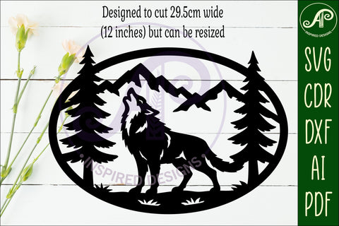 Wolf mountain scene Oval wall sign laser cut file SVG APInspireddesigns 